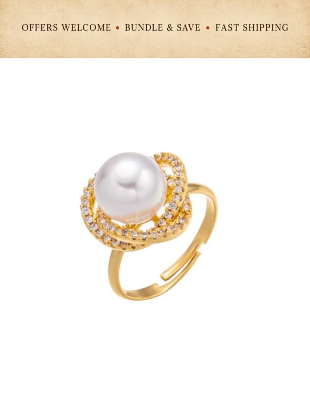 Cultured Pearl Statement Ring Cubic Zirconia Wave Adjustable